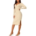 thumbnail image 4 of Vestido de suéter midi de punto ajustado con cuello en V y frente retorcido de manga larga para mujer INSPIRE CHIC XL Beige, 4 of 6