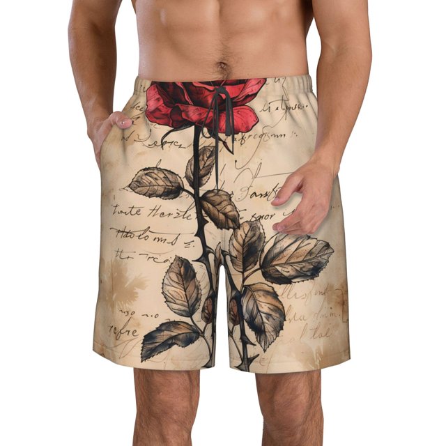 Balery Vintage Rose Botanical Art Traje de Baño Estilo Hawaiano para Hombre, Shorts de Secado Rápido con Bolsillos-X-Large