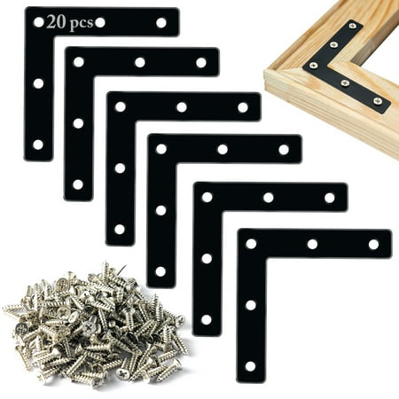 Flat Corner Braces, 20 Pcs 3-1/8inch L right Angle Braces Brackets, Flat Repair Mending Plates for Wooden Frames Beds Tables Cabinets Chairs, Joining Bracket Support Braces with 100 pcs screws, Black