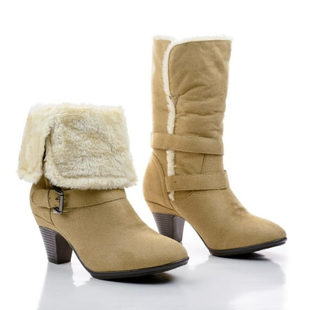 Mid Calf Fold Over Faux Fur Lined Chunky Heel Boots Mid Calf Fold Over Faux Fur Lined Chunky Heel Boots