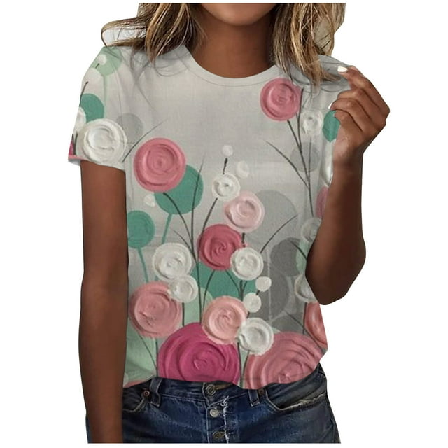 Birdeem T-Shirt Décontracté à Manches Courtes Imprimé Plissé Col Rond Ample pour Femmes
