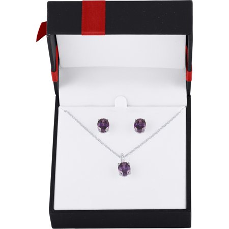 Believe by Brilliance Gemspirations Sterling Silver Plated Simulated Amethyst and CZ Oval Earring and Pendant 2-Piece Set