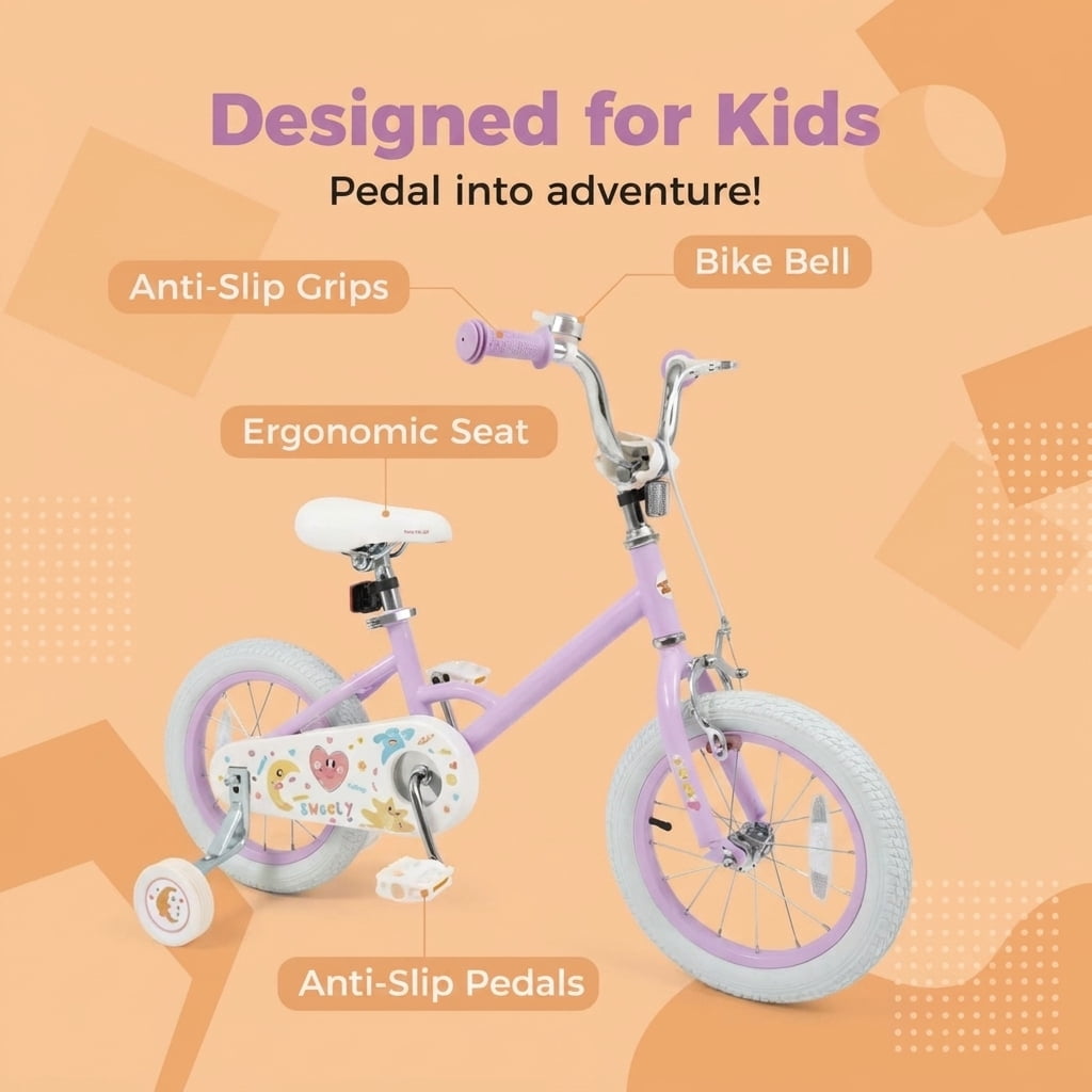 Redsmile Kids Bike 12 Inch with Adjustable Seat and Training Wheels for Boys Girls Ages 3-8, Stars & Moon Design Children Bicycle with Front Handbrake, Kids Bicycle 12in, Purple