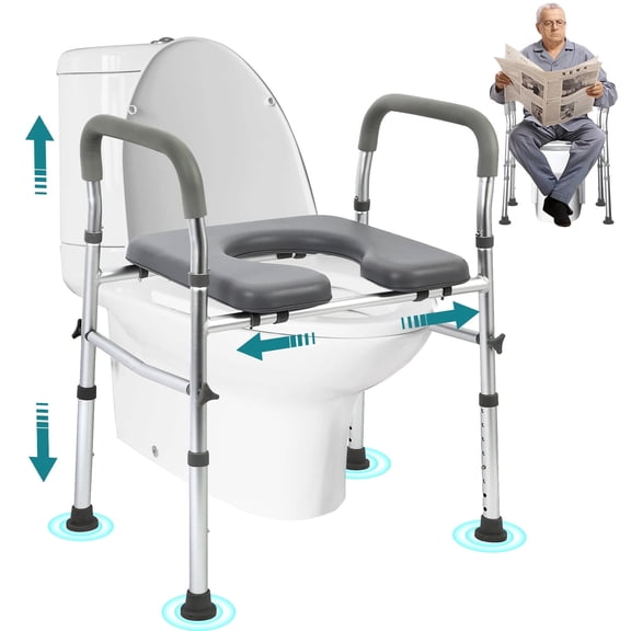Vessgra Raised Toilet Seat with Handles for Seniors, Adjustable Height & Width Toilet Seat Riser, Padded Cushion Bathroom Safety Frame, 300 lbs Support for Elderly, Disabled, Pregnant