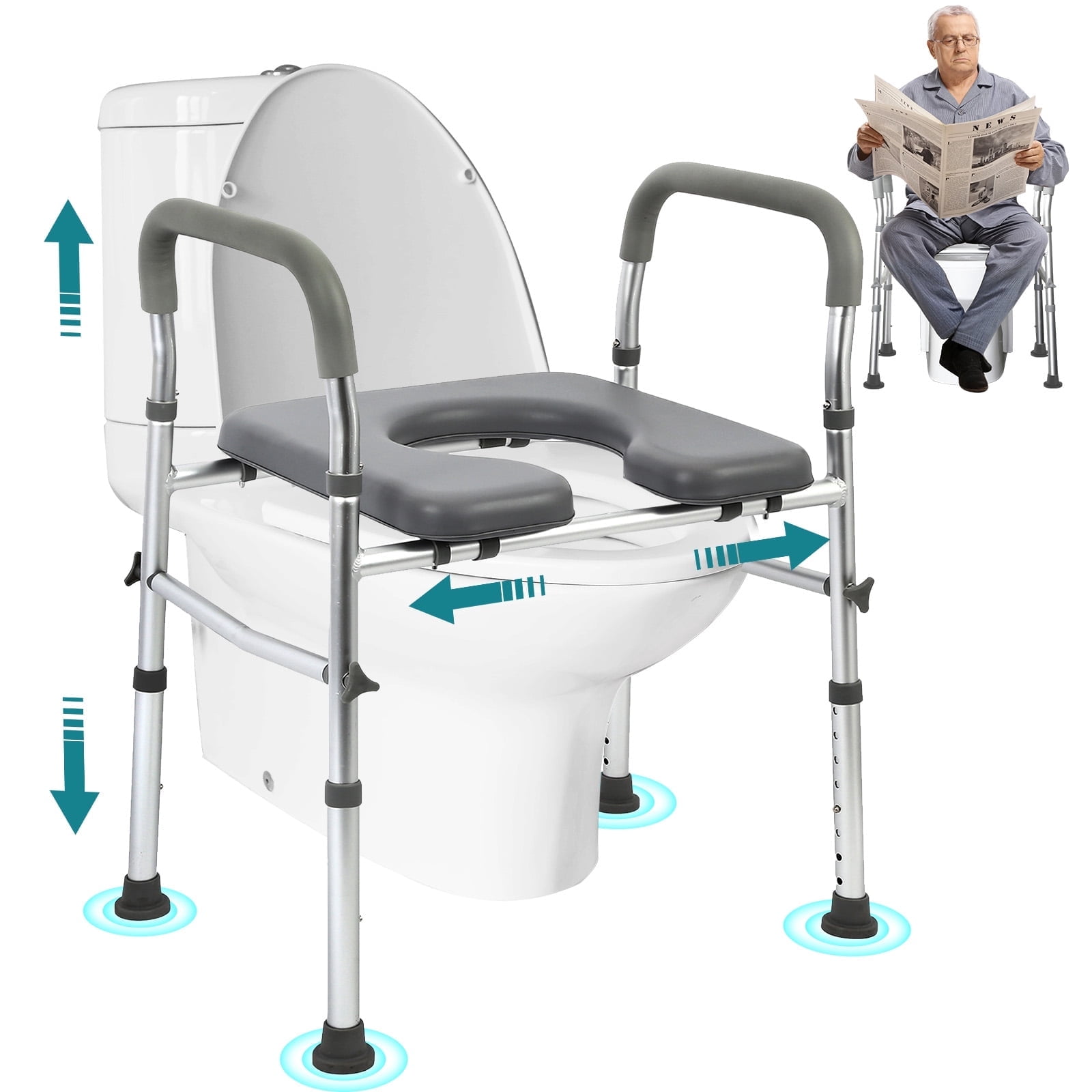 Vessgra Raised Toilet Seat with Handles for Seniors, Adjustable Height & Width Toilet Seat Riser, Padded Cushion Bathroom Safety Frame, 300 lbs Support for Elderly, Disabled, Pregnant