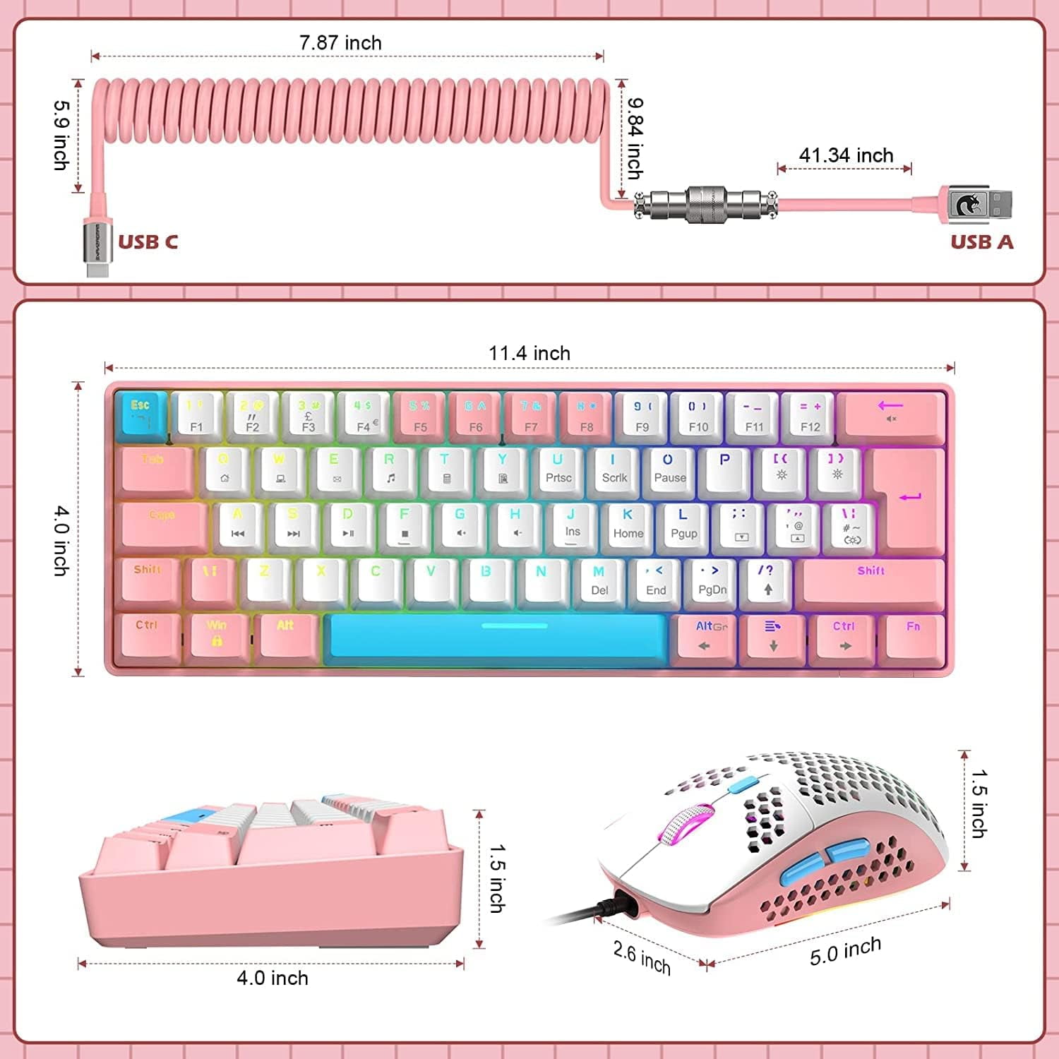 ZIYOU LANG T60 Wired Mechanical Keyboard&Mouse Combo,Rainbow Backlit 6400DPI RGB-Pink/Blue Switch