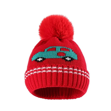 

BIZIZA Baby Hats Toddler Pompom Cute Beanie Warm Caps Cartoon Print for 6M-4Y Child Red One Size