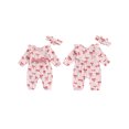 thumbnail image 2 of Suealasg Baby Girls Rompers Bowknot Print Round Neck Long Sleeve Bodysuits + Headband Infant Girls Fall Clothes 0-12 Months, 2 of 9