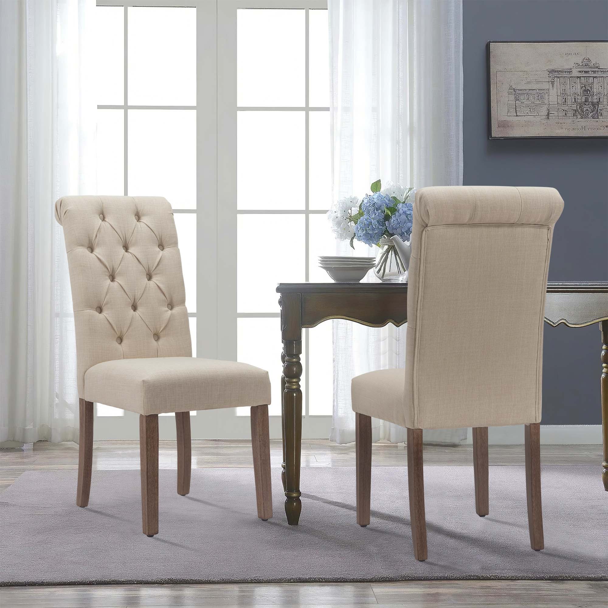Fabric Dining Chairs Set of 2 with Solid Legs,Beige