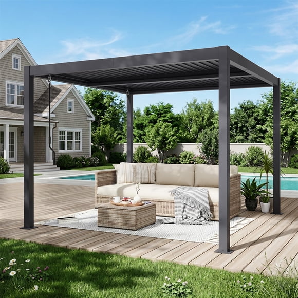 MELLCOM Pergola Louvered, Aluminum Hardtop Pergola with Adjustable Roof for Sun & Rain Shade, Outdoor Gazebo with Integrated Drainage System, Modern Rustproof Patio Canopy Carport (10'x10' Black)