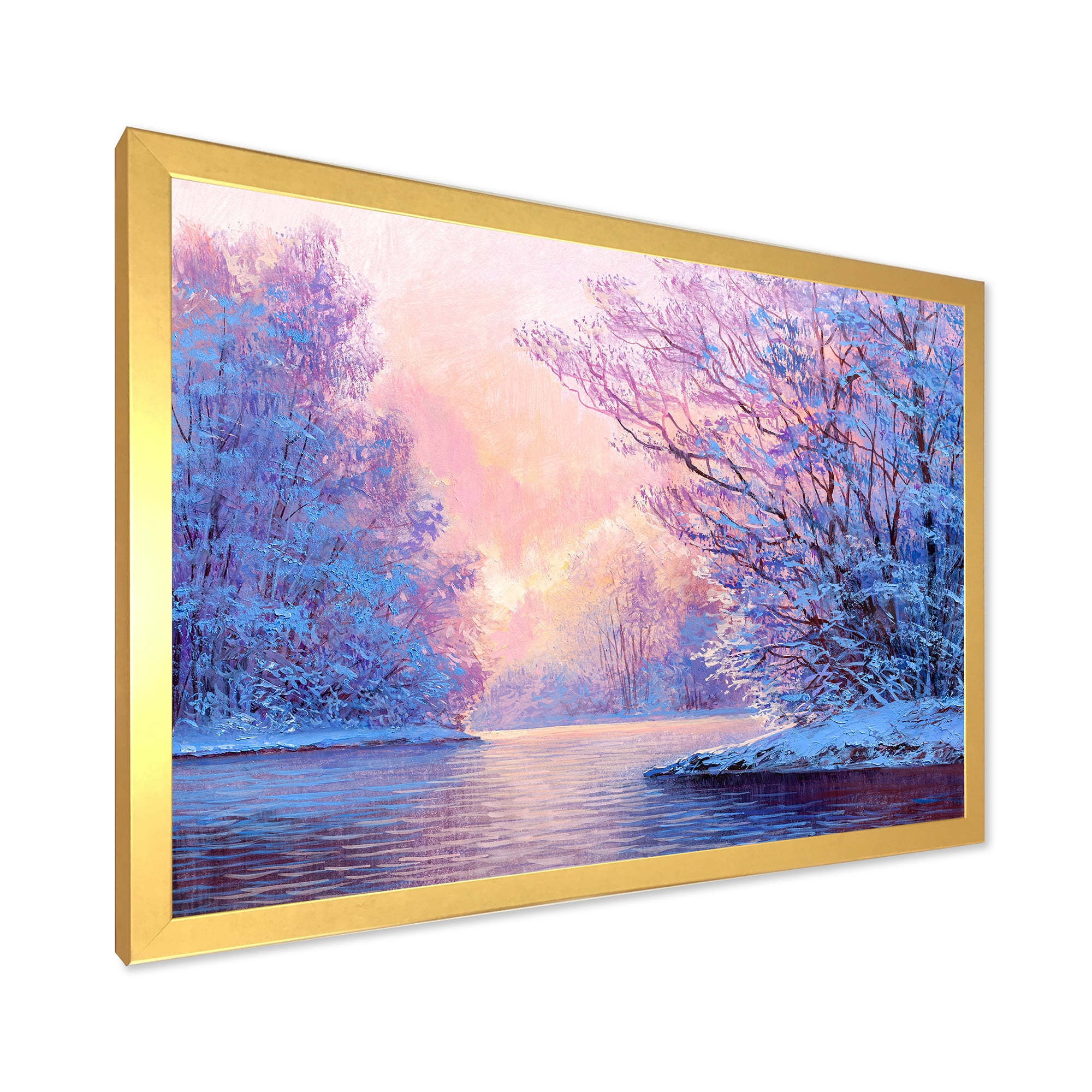 Designart 'The River Original With Winter Landscape' Lake House Framed Art Print