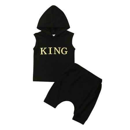 

Mioliknya Baby Boys Hooded King Letter Print Sleeveless Vest Top Solid Color Shorts Sets