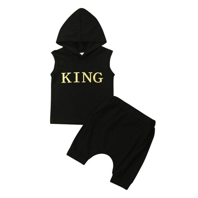 Débardeur Sans Manches à Capuche pour Bébé Garçon avec Imprimé de Lettres « King » + Short Uni