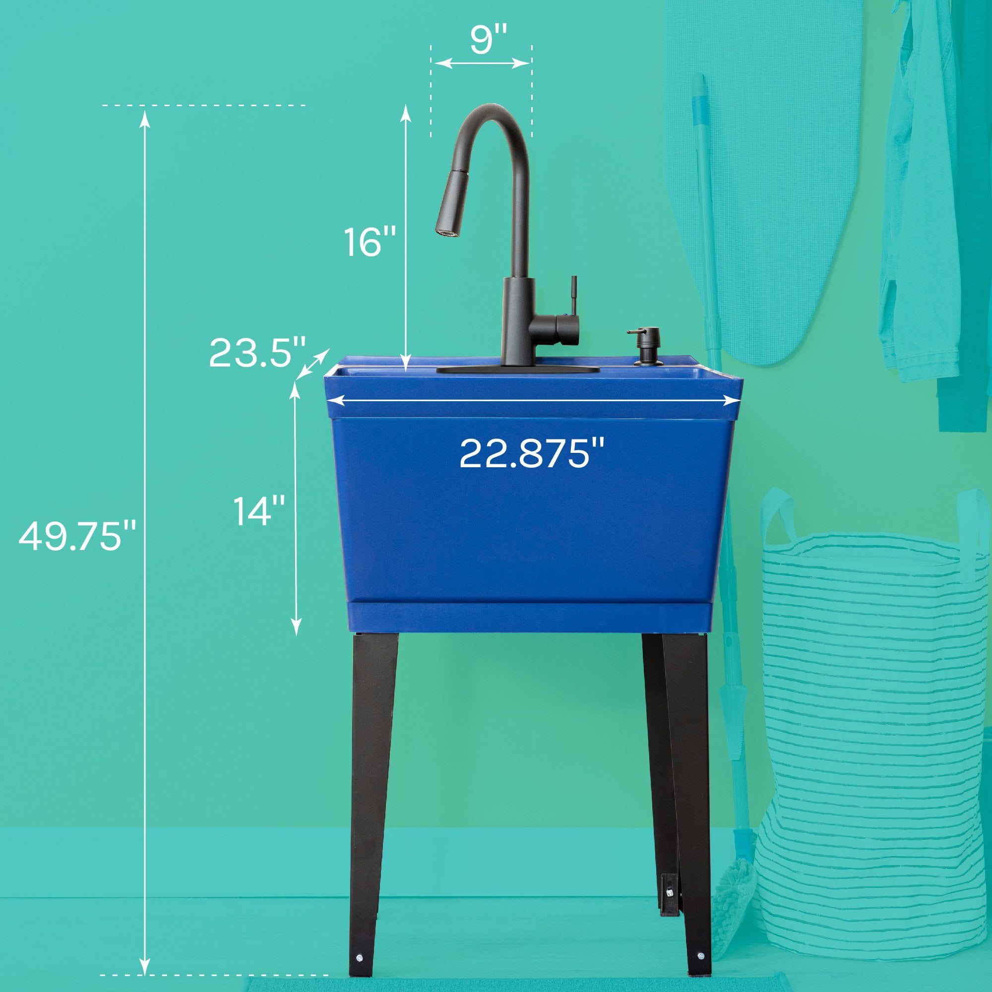Blue Freestanding Floor Mount Utility Sink with Black High-Arc Faucet for Laundry Room