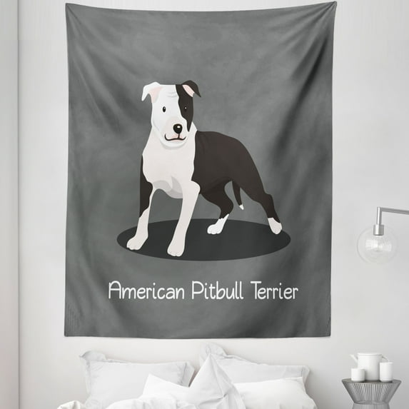 Pitbull Tapestry, American Pitbull Terrier Pet Cartoon Illustration Graphic Design on Grey Background, Fabric Wall Hanging Decor for Bedroom Living Room Dorm, 5 Sizes, Multicolor, by Ambesonne