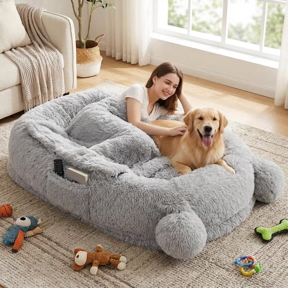 Human Sized Dog Bed, 70.87" x 45" x 12" Large Dog Bed with 2 Storage Pockets, Faux Fur Orthopedic Pet Bean Bed for Adults & Giant Pets - Grey