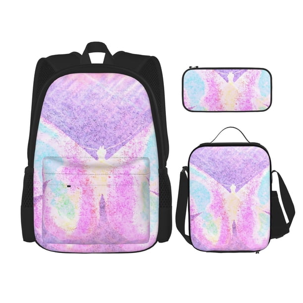 Easygdp Purple Sparkling Butterfly Mochila para Niños y Niñas con Set de Caja de Almuerzo y Estuche para Lápices 3 en 1, Mochila Escolar Estampada para Adolescentes