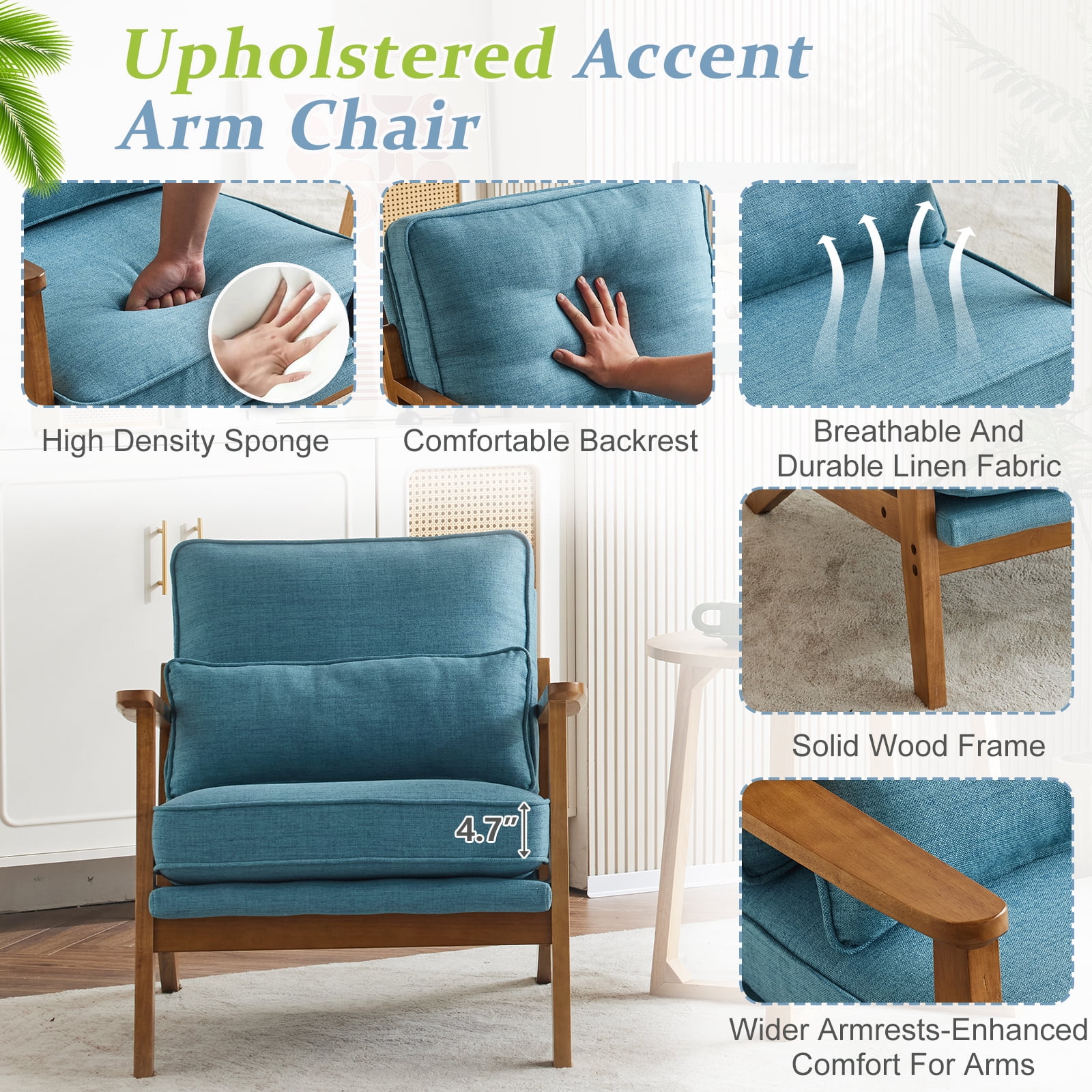 Ktaxon Accent Chair Line Fabric Upholstered Armchair, Reading Club Chair with Pillow for Living Room Bedroom Furniture Blue