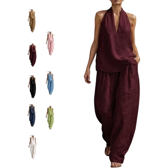 Linen Sets for Women 2 Piece,Sleeveless V Neck Halter Top Matching Baggy Wide Leg Pants Set, Summer Casual Lounge Outfit