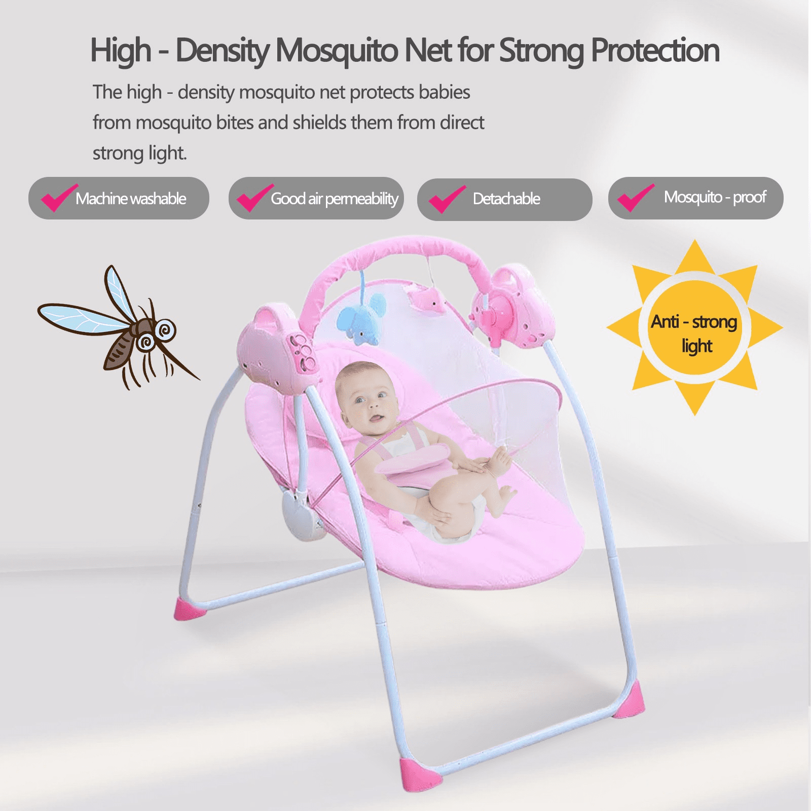 Jonster Electric Baby Swing with Bluetooth, Remote, Toys, 4-Speed Adjustable Infant Swing, Auto Rocking, for Newborns to Toddlers, Pink