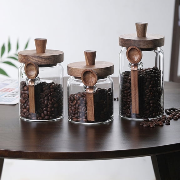 Glass Leakproof, Reusable Food Storage Canisters with Wooden Lids and Scoops, Set of 3,transparent