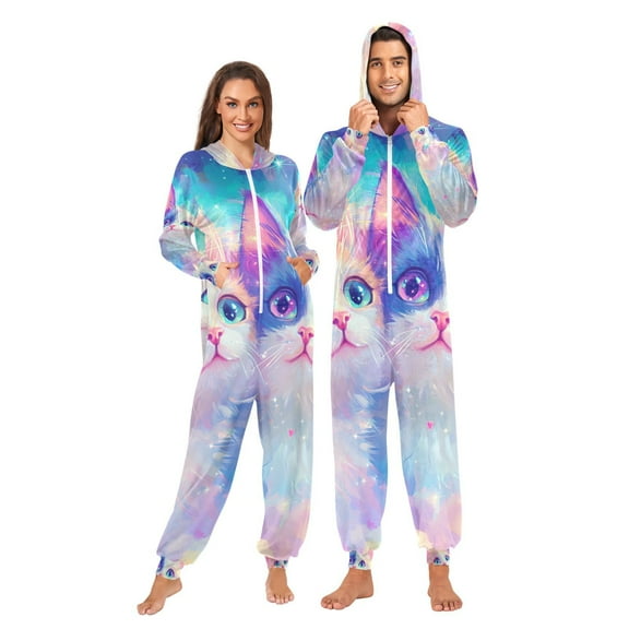 Twinkle Cats Adult Onesie Pajamas Slim Fit Christmas One Piece Suit Pjs for Women and Men Hooded Zipper