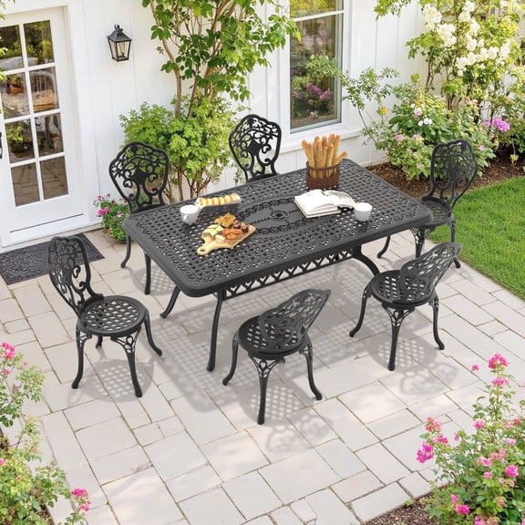 Hzzkey 7-Piece Black Outdoor Aluminum Rectangle Dining Set,6 Chairs, Umbrella Hole, Weather-Resistant - Compact Size Chair (Seat Width: 15.35")