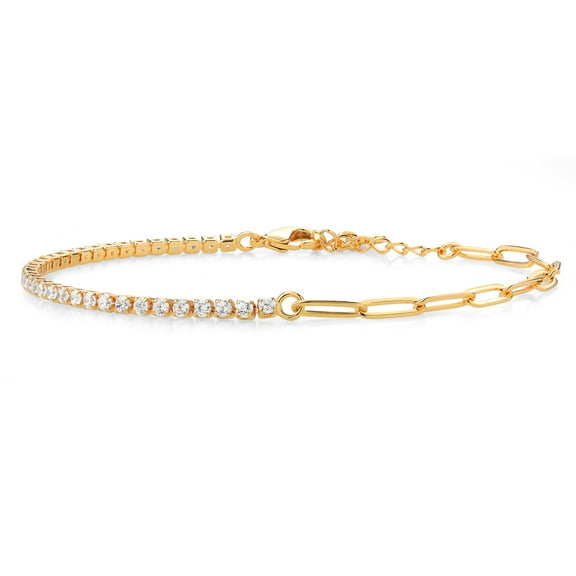 Gem Stone King Yellow Gold Plated White Zirconia Paperclip Link Chain Tennis Bracelet for Women (7 inch With 1 inch Extender)