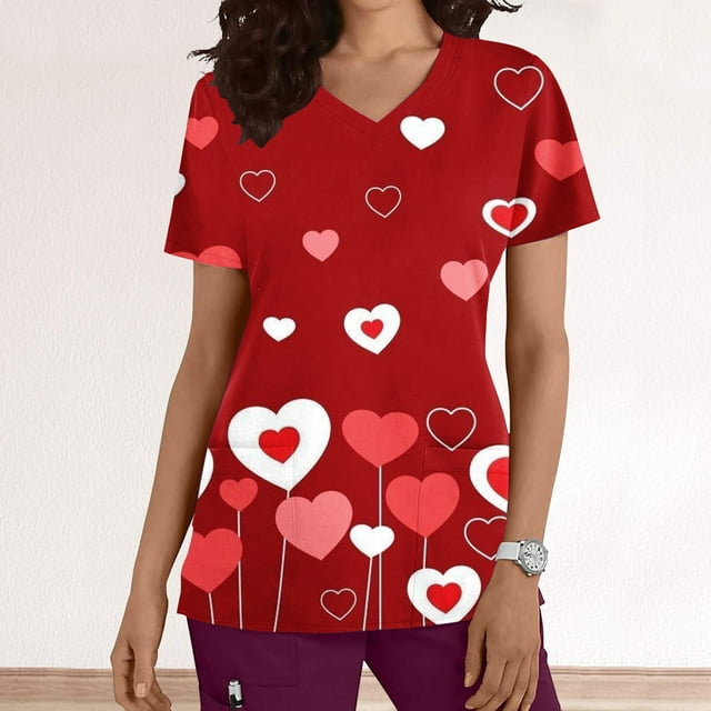 TIMIFIS Hauts de Sarrau de la Saint-Valentin pour Femmes, Uniforme de Travail Imprimé à Manches Courtes, Col en V, Blouse T-shirt de Travail avec Poches - Imprimé Rouge P
