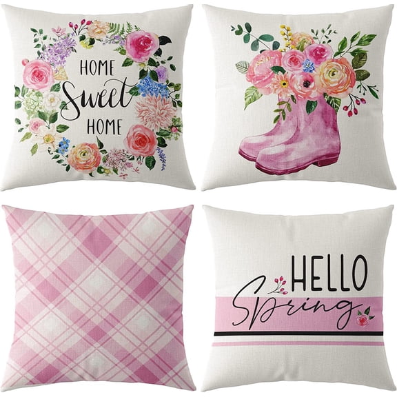 Spring Outdoor Throw Pillow Covers 18x18 Set of 4 Buffalo Plaid Check Decorative Farmhouse Decoration Summer Cushion Cases Home Decor for Chair Porch Sofa Couch，Pink