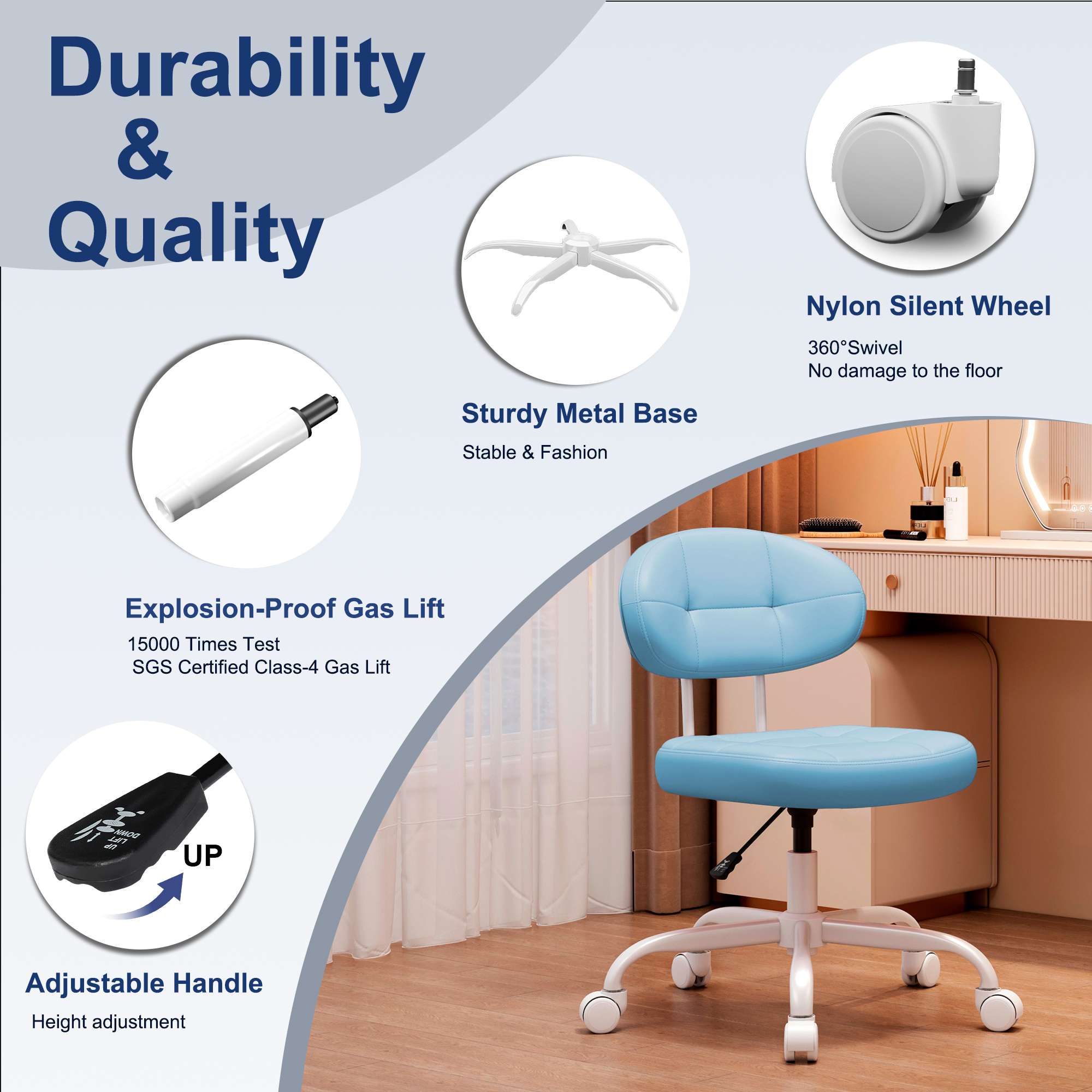 Misolant Vanity Chair with back, Small Armless Cute office Chair with wheels and Lumbar support, Comfy PU Leather Desk Computer Chairs with Adjustable Height, 360°Swivel for Home Bedroom Office