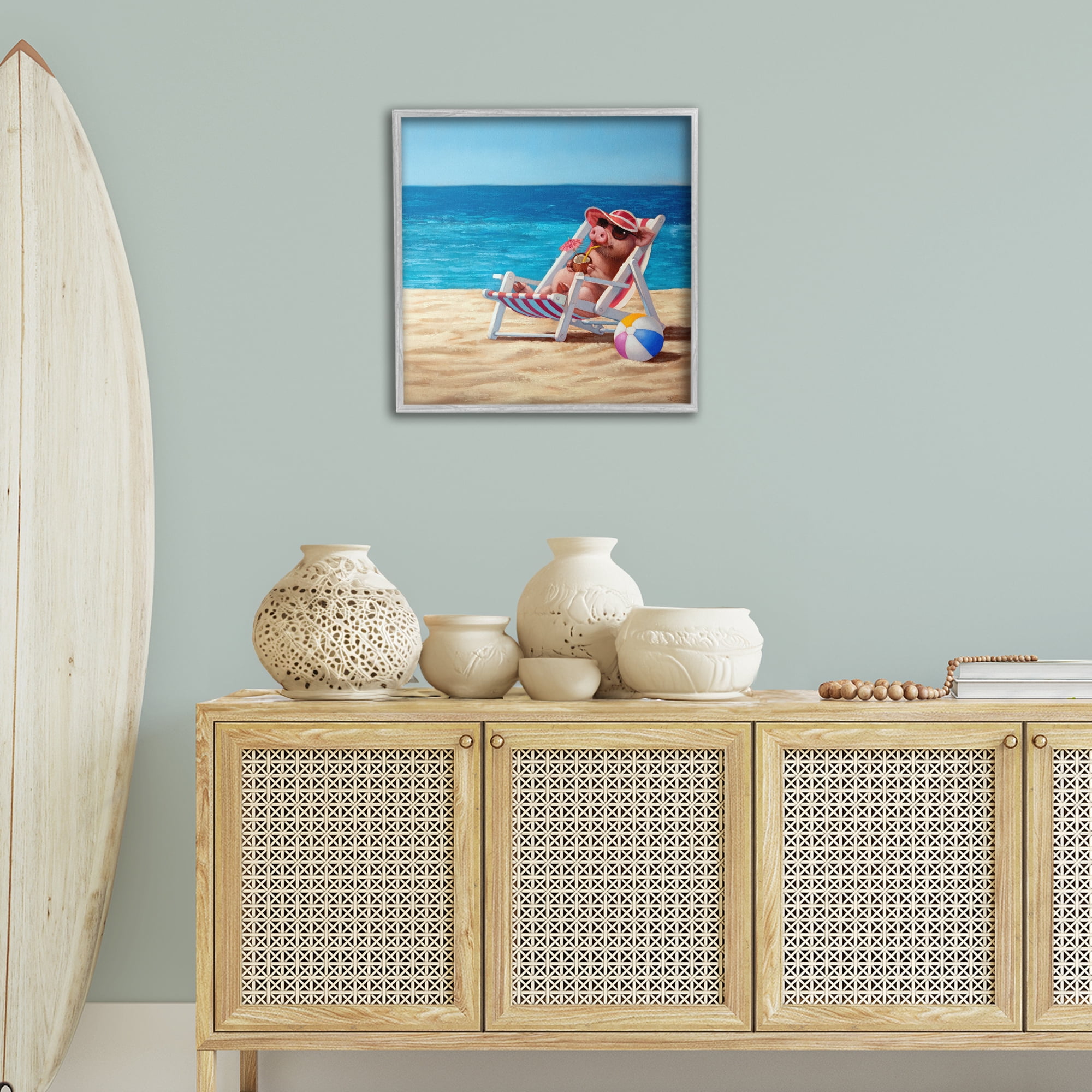 Stupell Industries Pig with Beach Cocktail Novelty Painting Gray Framed Art Print Wall Art, 24 x 24