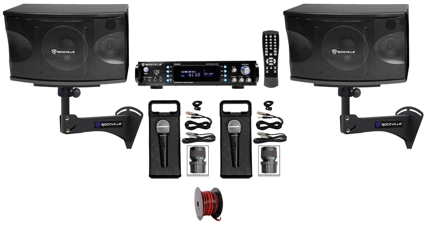 Bluetooth Amp Wireless Mics Pair Rockville KPS80 8 Karaoke/Pro Speakers