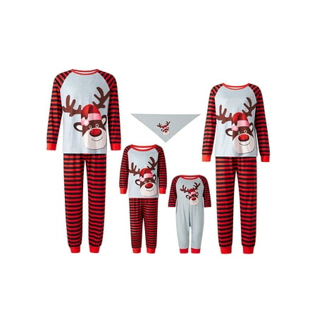 

Nokpsedcb Family Matching Christmas Pajamas Cartoon Elk Print Tops + Striped Pants Clothing Set Sleepwear Homewear Red Mom-S