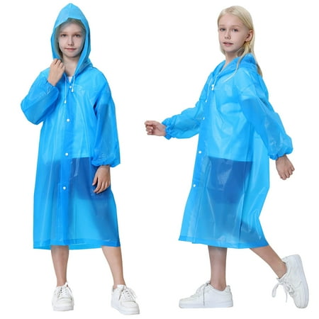 LIUJUNSHOP 2 Pack Raincoats for Kids Reusable Rain Ponchos with Hood and Sleeves Waterproof Rain Coats for Boys and Girls Blue One Size