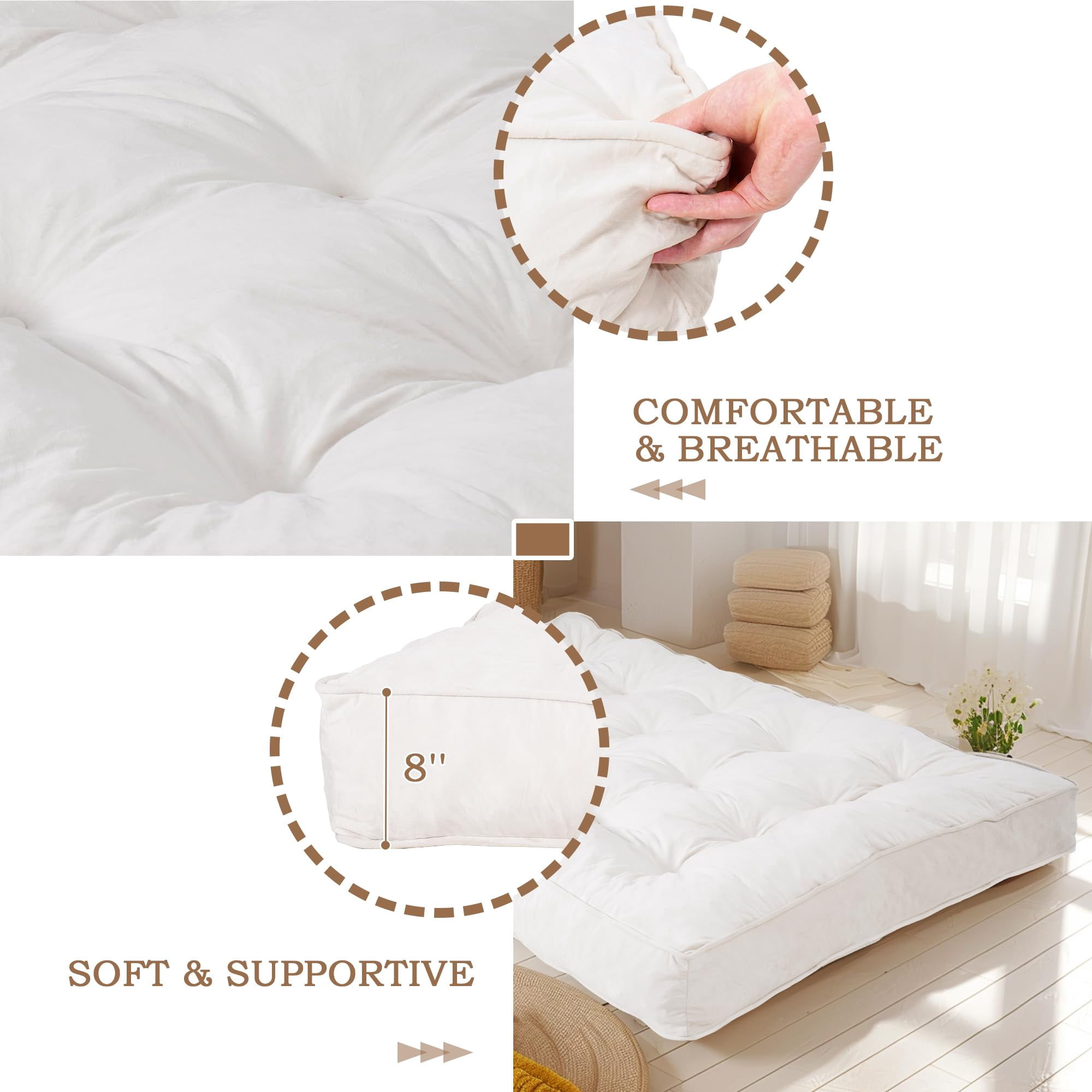 8-inch Futon Mattress Full Size, Thick Futon Sofa Couch Bed Foldable Floor Sleeping Pad for Adults, Ultra-Soft Foam Floor Bed Mattress, Portable Velvet Tatami Mat, (Frame Not Included), White