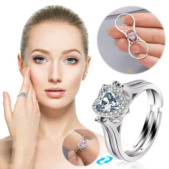 Xihbxyly Anillo Doble de Corazón, Diseño Abatible, Detalle de Diamante de Cristal, Cobre Ajustable, Elegante Joya para Mujer, Regalo Romántico, Juego de 2 Piezas, Tamaño Abierto.