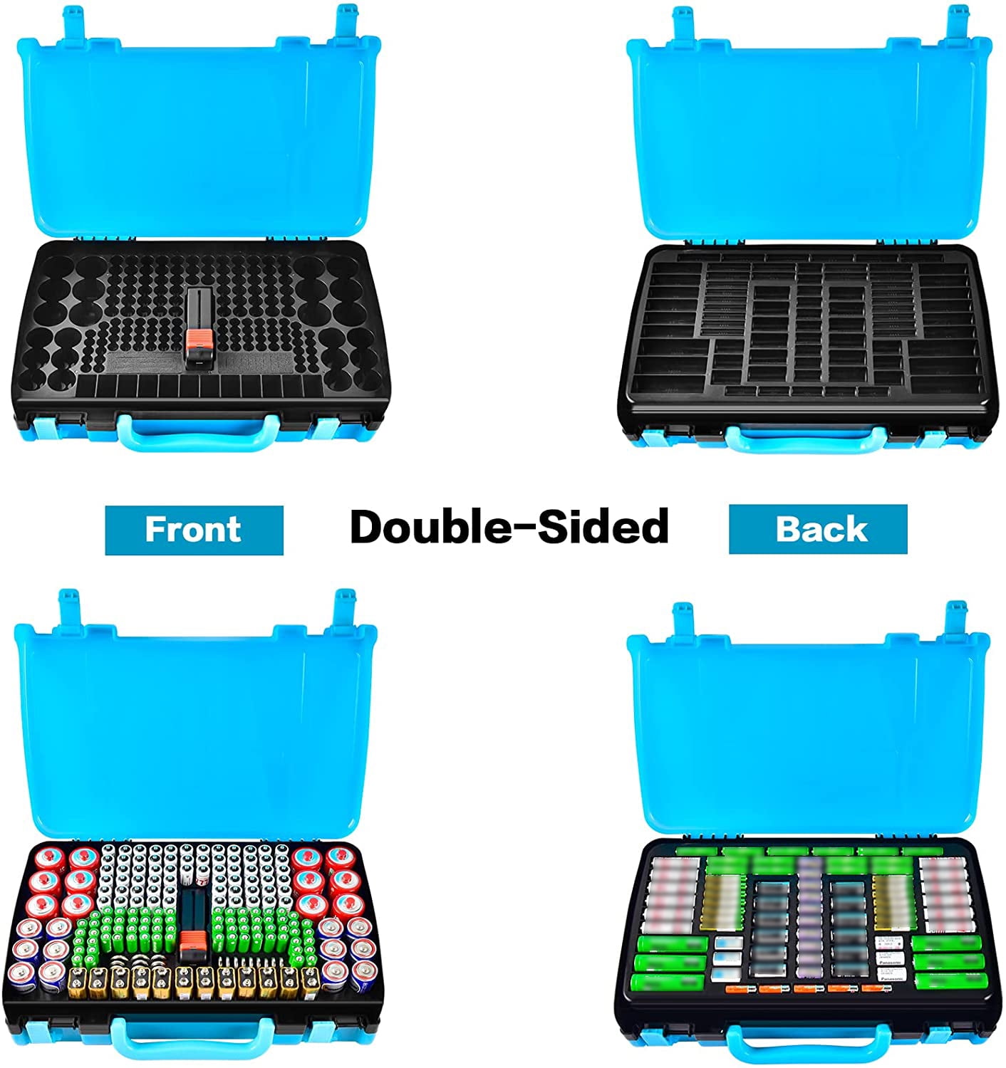  Battery Storage Organizer Case Holder Box with Tester,  Double-Sided Batteries Fits for 269 Caddy Container AA AAA AAAA 3A 4A 9V C  D Lithium 23A 4LR44 CR123A CR1632 CR2032 - Black 
