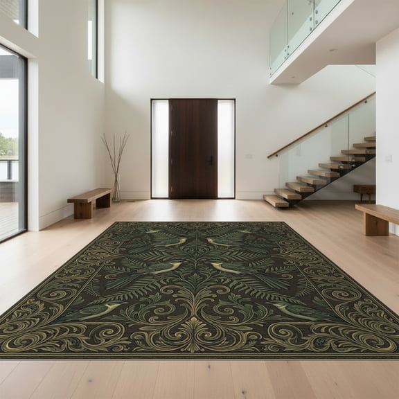 Design&I 8'x10' Washable Area Rug Sleek Flatweave Pet Friendly Bird Botanical Vintage Scroll Foliage Border Moody Whimsical Refined Structured for King Size Bedroom, Under Bed