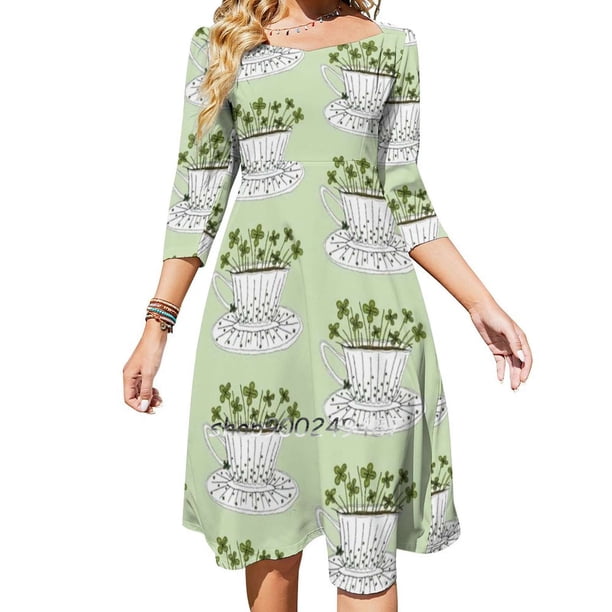 Vestido acampanado con forma de taza de trébol de la suerte, vestido de cuello cuadrado, vestido elegante de moda para mujer, vestido estampado, taza de té con trébol, platillo y apliques