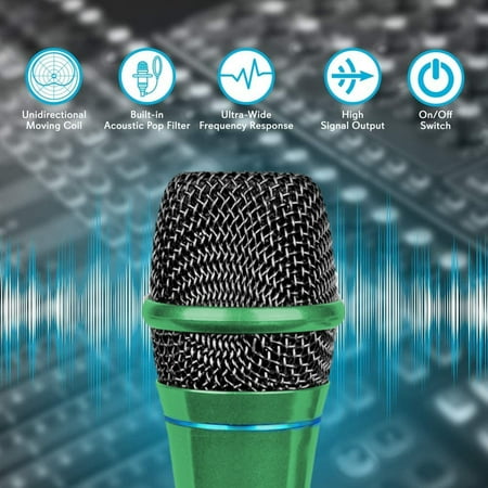 Set of 4 Professional Portable Microphone with Digital Processing, Steel Construction, Singing Machine, 10 Ft Cable Wired Mic Included, XLR to 1/4, Green Karaoke DJ Wired Microphone, Church