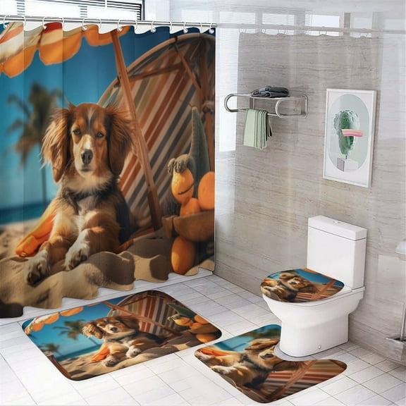 Happy Dog Bathroom Sets with Shower Curtain And Rugs, Incl with 12 Hooks,Toilet Lid Oval Rug