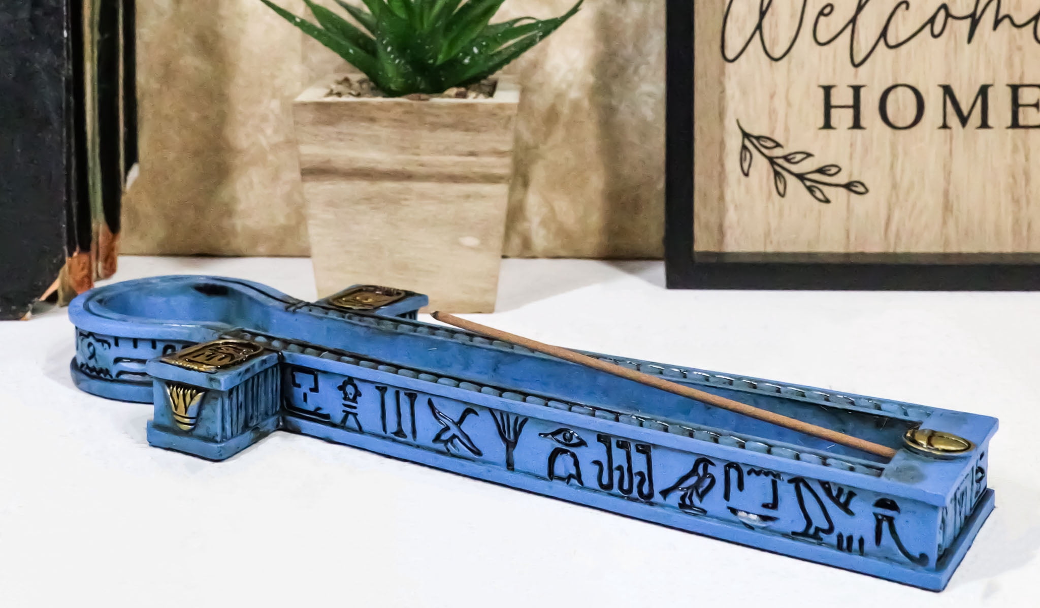 Egyptian Blue Hieroglyphic Symbols Golden Cartouche Ankh Key Incense Holder