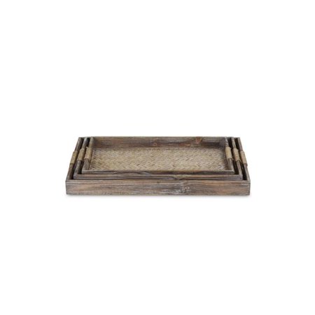 

Brown Wooden Trays with Center Bamboo Pattern & Rope Wrapped Handles - Set of 3