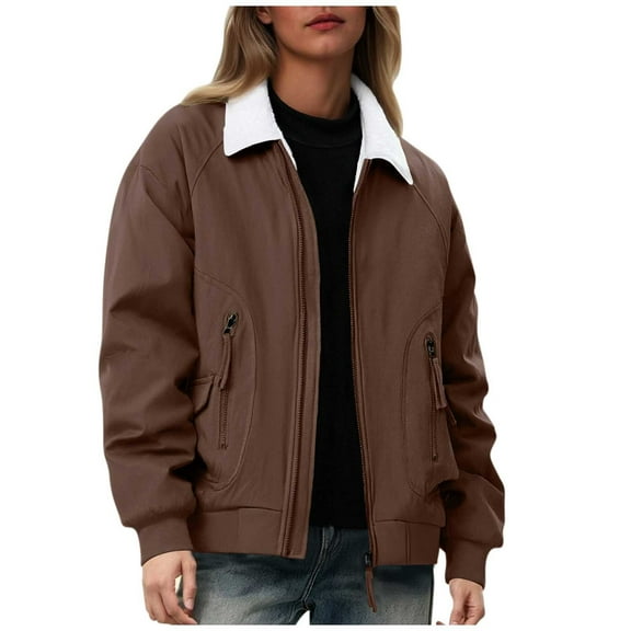 Levmjia Womens Jacket Long Sleeve Pure Color Turtleneck Zippered Pockets Outdoor Warm Winter Coat Casual Loose Fit Polyester Top For Travel Work