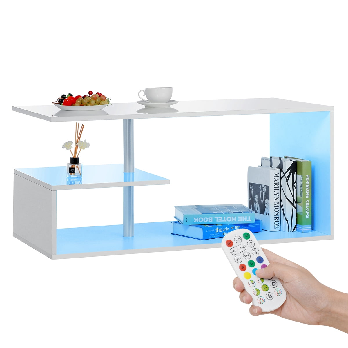 Hommpa High Gloss White Coffee Table with LED Lights Open Shelf Smart APP Control S Shaped Modern Sofa Side End Table for Living Room