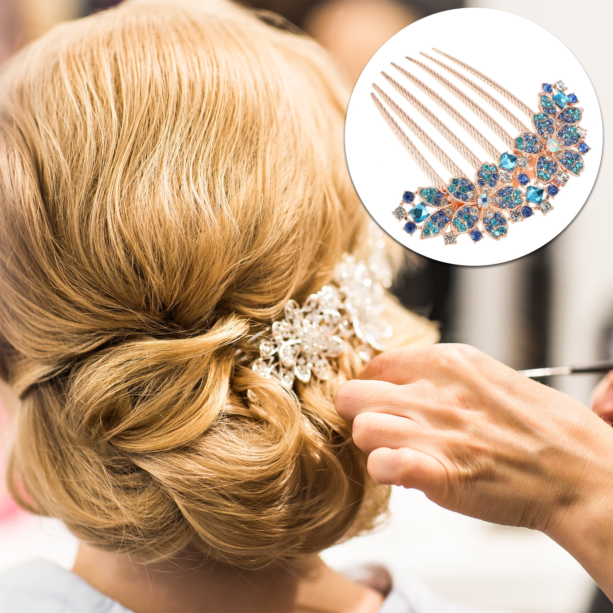 Unique Bargains Women Rhinestone Inlaid Flower Hair Comb Blue