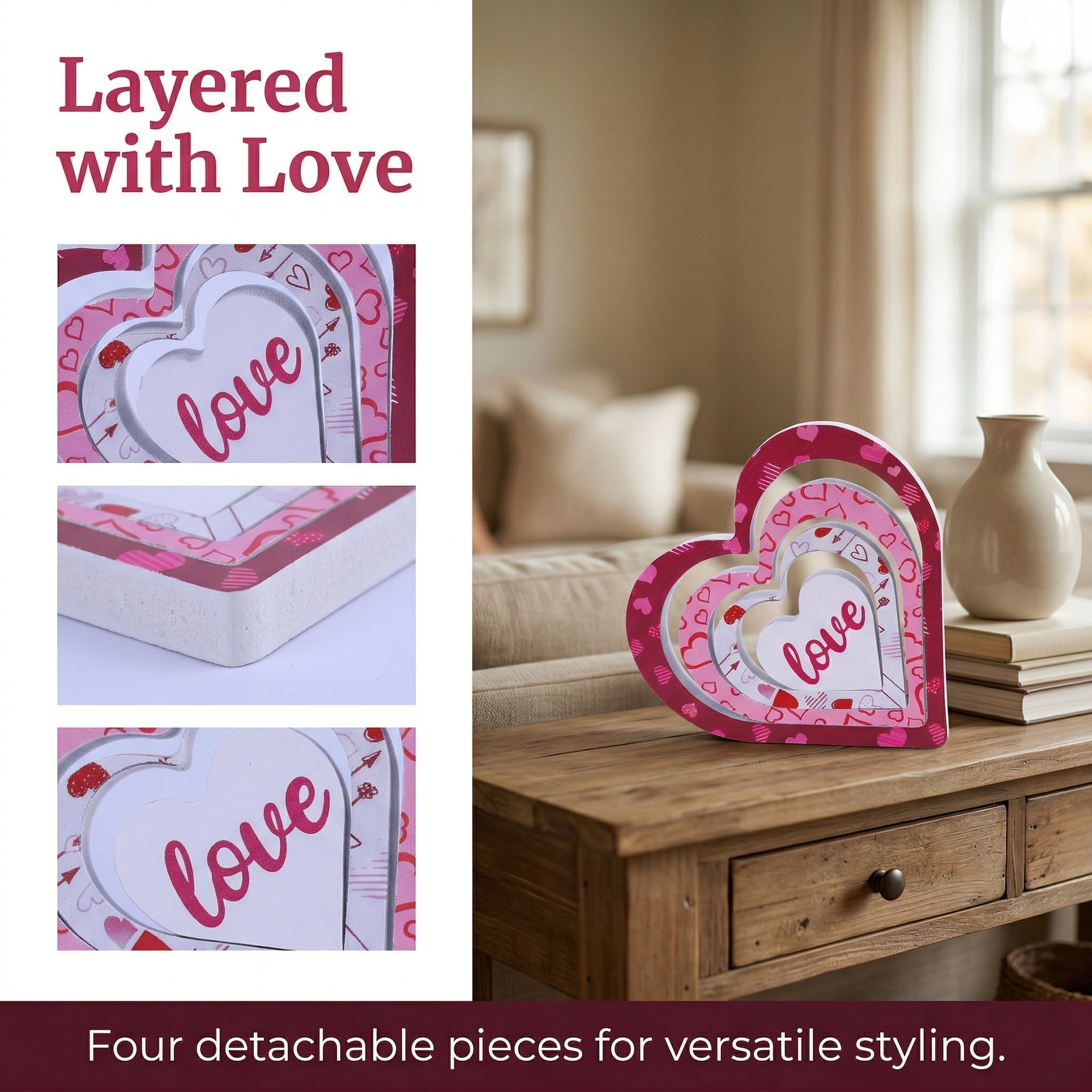Unique Bargains Wooden Heart Table Decor Removable Stackable Heart Sign Style A 5.1in