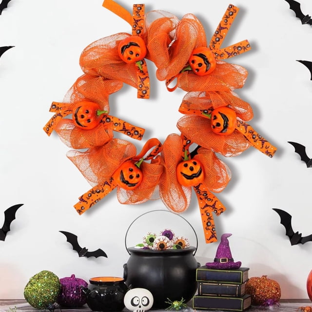 HWRETIE Corona de malla de calabaza de Halloween,guirnalda colgante para puerta para decoración espeluznante de Halloween y fiesta de otoño con acentos de calabaza