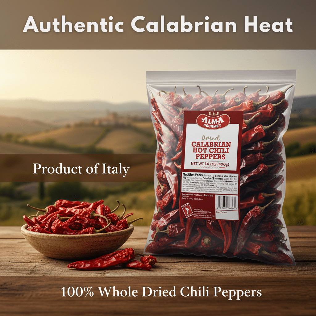 Alma Gourmet Whole Dried Calabrian Chili Peppers, Authentic Italian Peperoncino Secco Calabrese, Imported from Italy, 14.1 oz (400g)